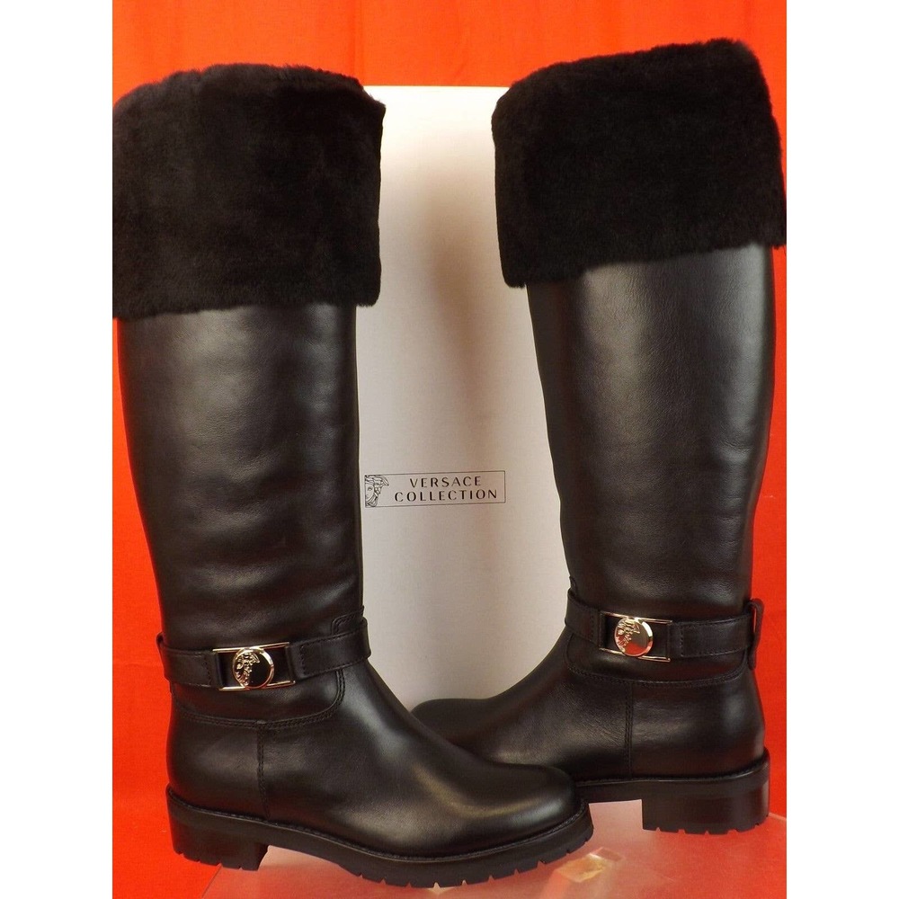 NIB VERSACE COLLECTION BLACK LEATHER FUR SHEARLING GOLD MEDUSA TALL BOOTS 37